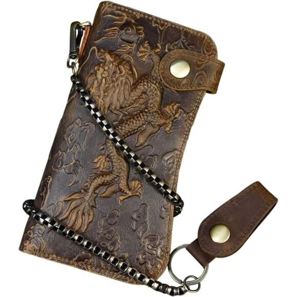 Men's Genuine Leather Long Wallet Chain Wallet Card holder Wallet with Coin - Picture 9 of 16